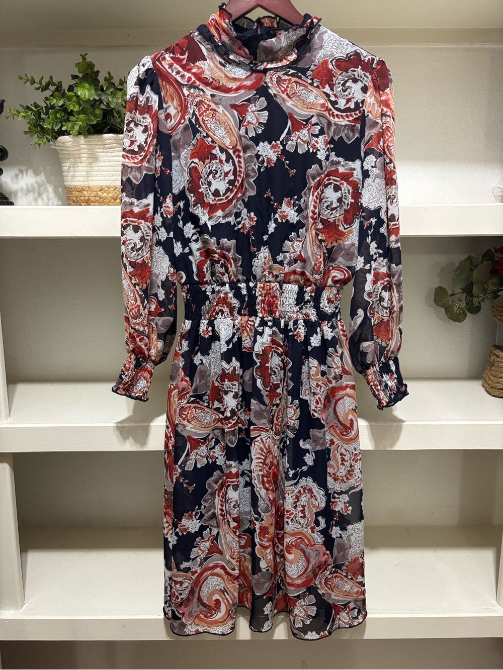 Paisley Print Long Sleeve Navy and Rust Dress